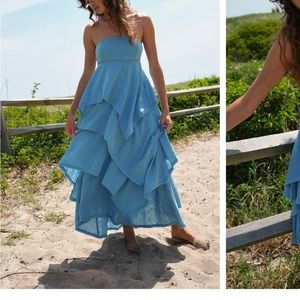 Strapless Free People Tiered Beachy Blue Midi Dress
